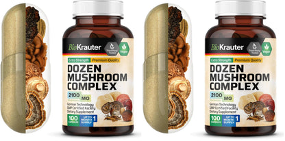 BIO KRAUTER Dozen Mushroom Complex Capsules 2100 mg Blend - 12 Extracts, 100 Vegan Caps - Pack of 2