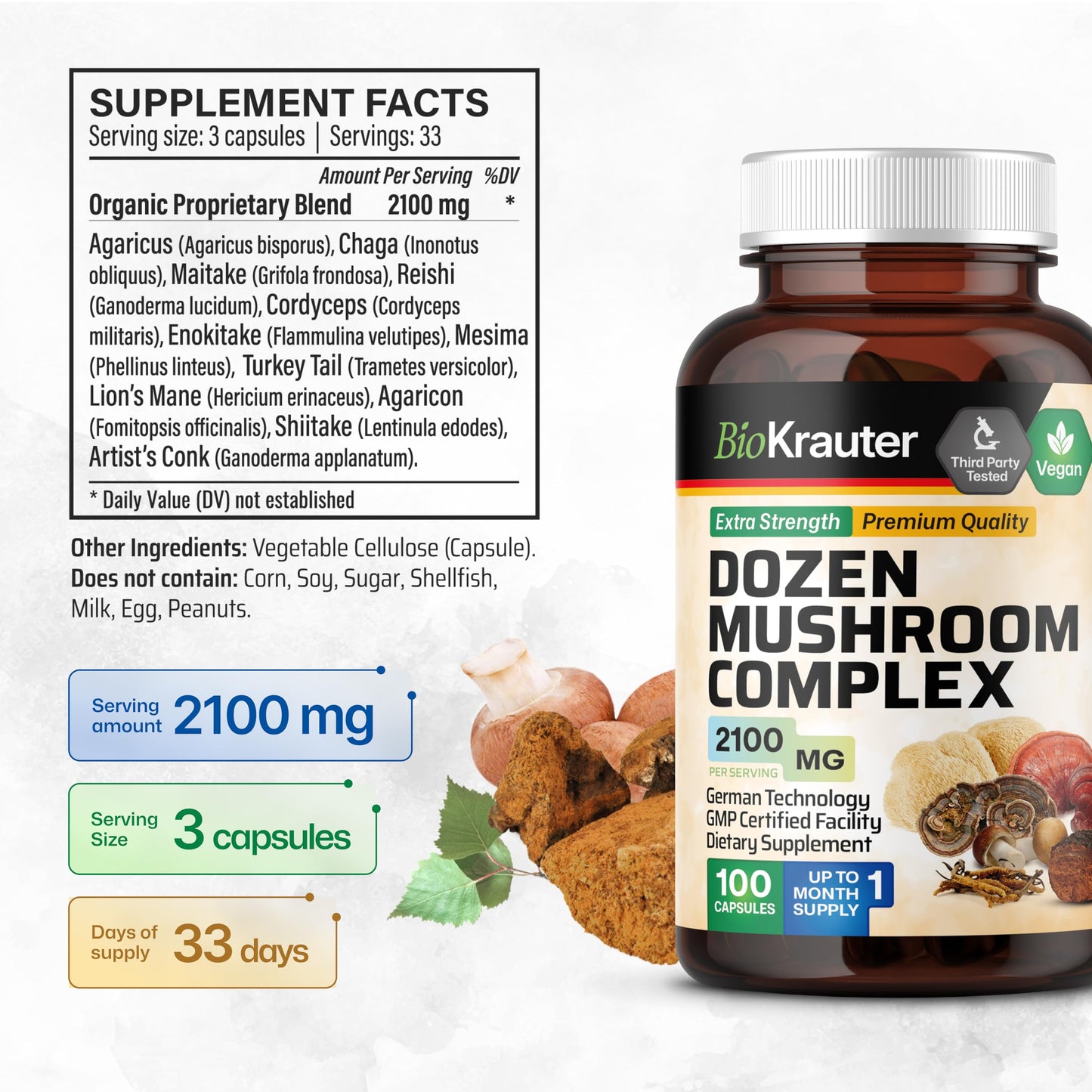 BIO KRAUTER Dozen Mushroom Complex Capsules 2100 mg Blend - 12 Extracts, 100 Vegan Caps - Pack of 2