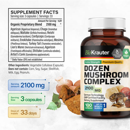 BIO KRAUTER Dozen Mushroom Complex Capsules 2100 mg Blend - 12 Extracts, 100 Vegan Caps - Pack of 2