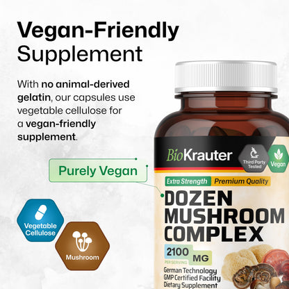 BIO KRAUTER Dozen Mushroom Complex Capsules 2100 mg Blend - 12 Extracts, 100 Vegan Caps - Pack of 2