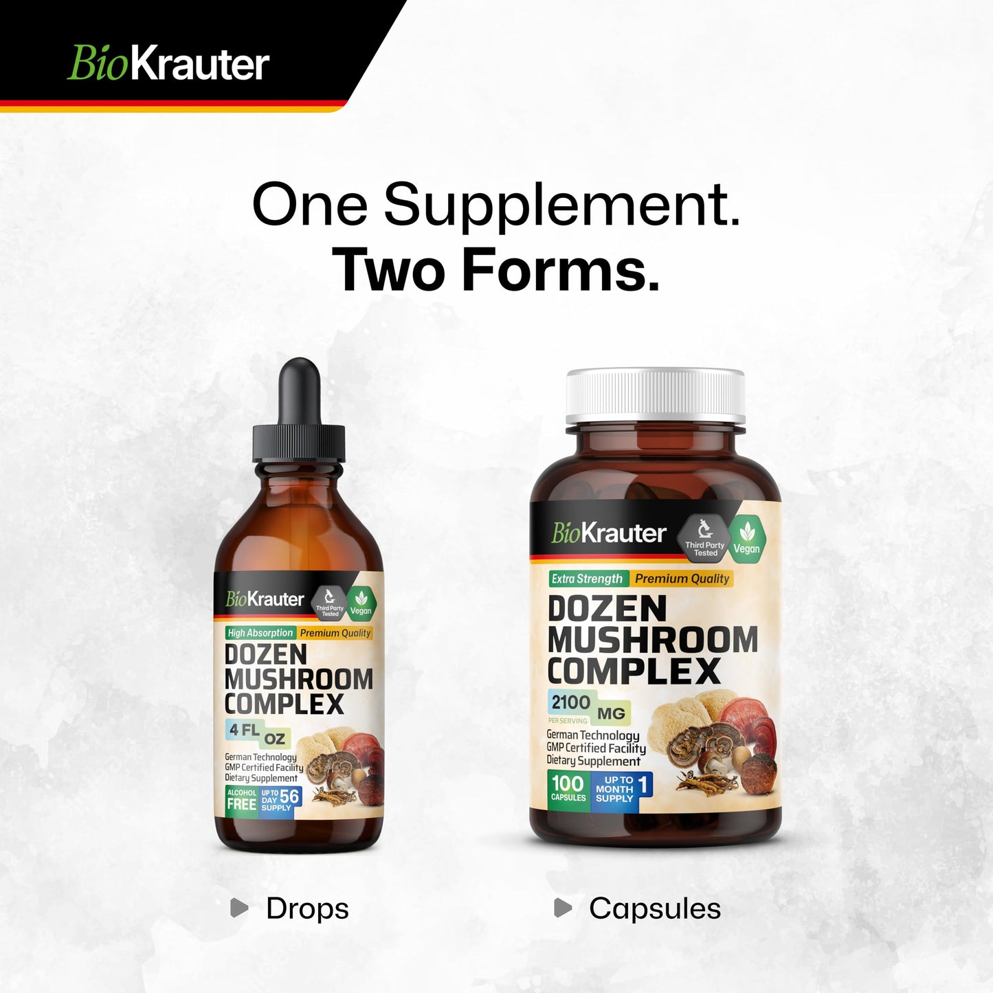 BIO KRAUTER Dozen Mushroom Complex Capsules 2100 mg Blend - 12 Extracts, 100 Vegan Caps - Pack of 2