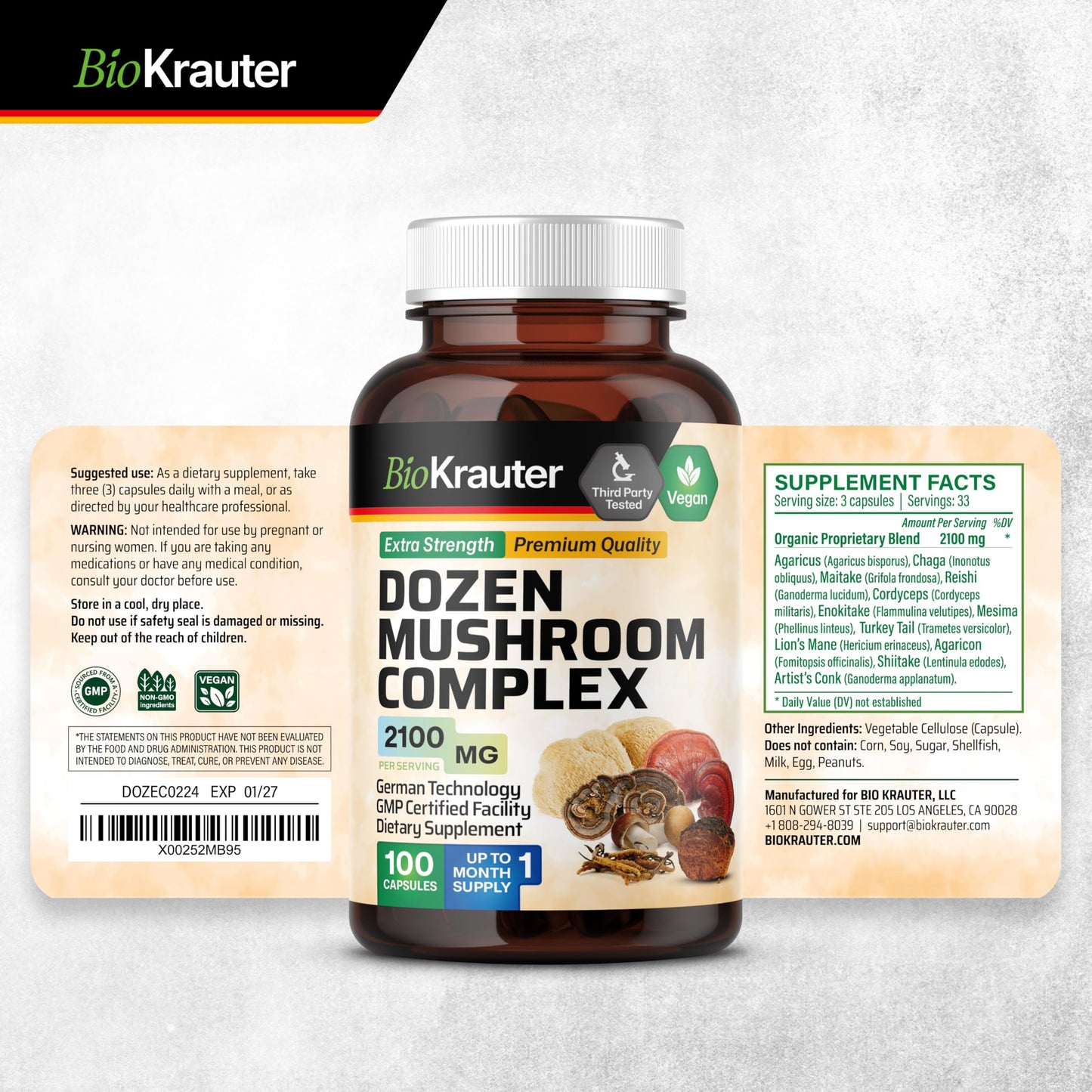 BIO KRAUTER Dozen Mushroom Complex Capsules 2100 mg Blend - 12 Extracts, 100 Vegan Caps - Pack of 2