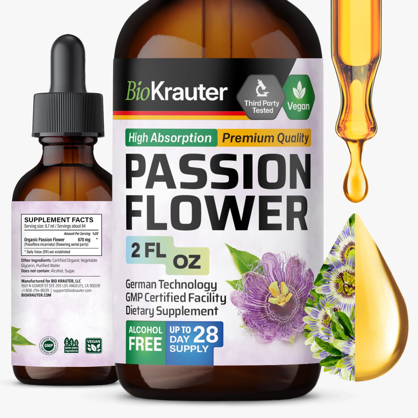 BIO KRAUTER Passionflower Tincture - Passion Flower Extract for Mood Support - Alcohol and Sugar Free - Vegan Drops 2 Fl.Oz.