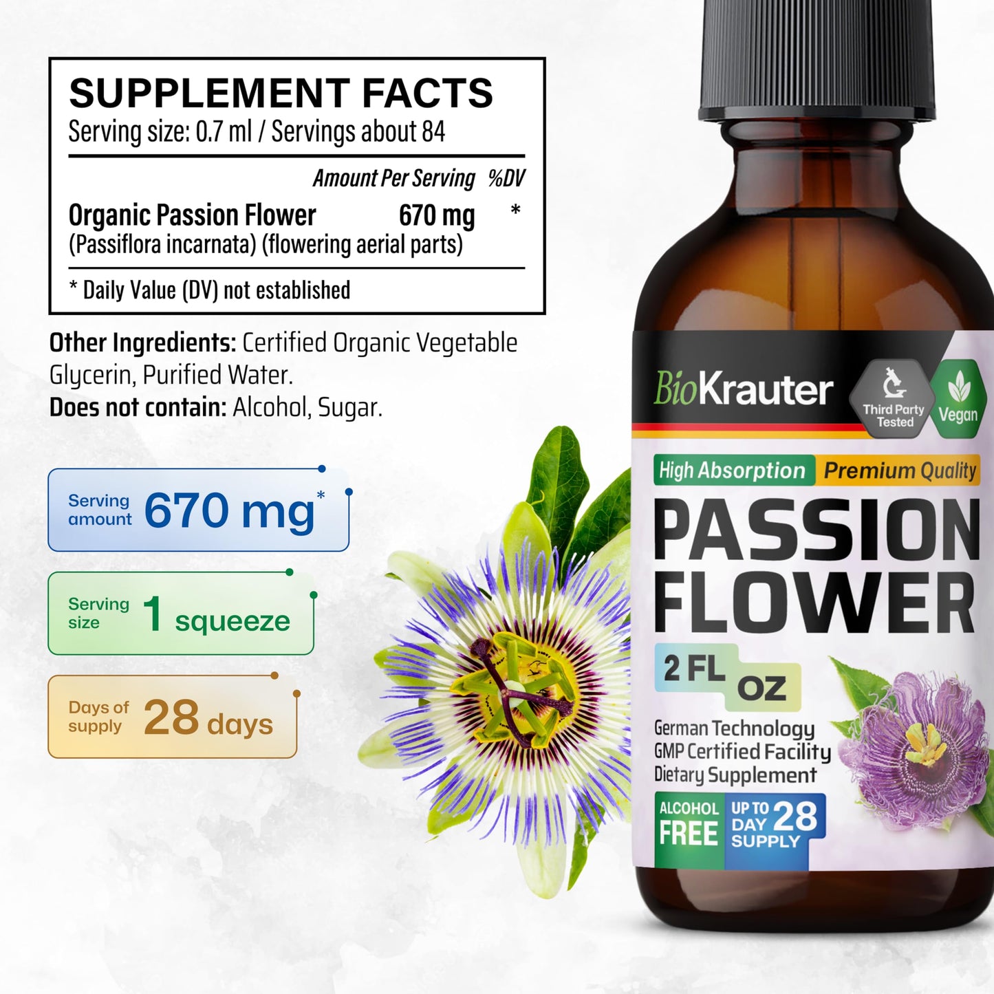 BIO KRAUTER Passionflower Tincture - Passion Flower Extract for Mood Support - Alcohol and Sugar Free - Vegan Drops 2 Fl.Oz.