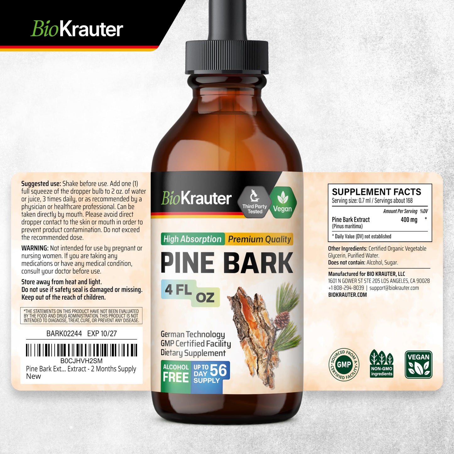 BIO KRAUTER Pine Bark Extract Drops – 400 mg, French Maritime Pine Bark, Vegan, Alcohol & Sugar Free – 4 Fl Oz