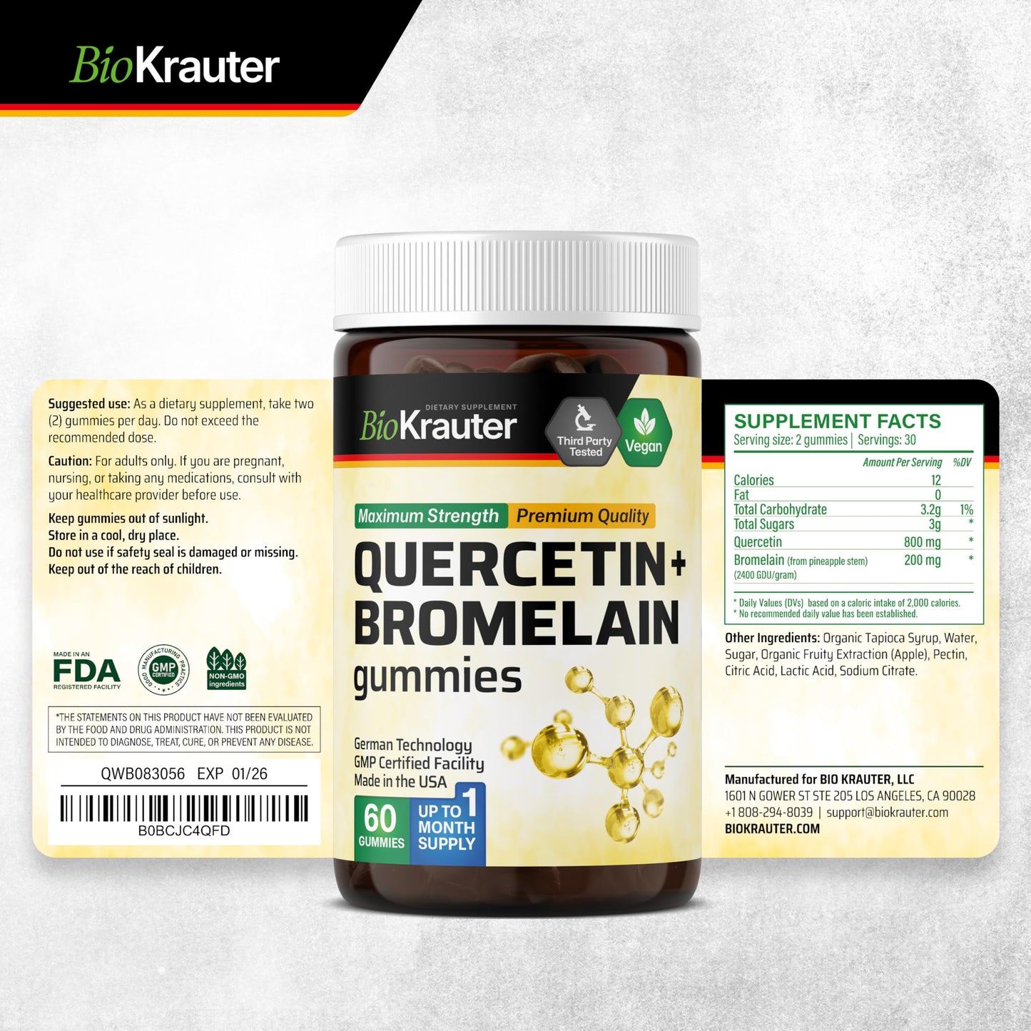 BIO KRAUTER Quercetin + Bromelain Gummies 1000 mg – Pack of 2 (60 Vegan Chews)