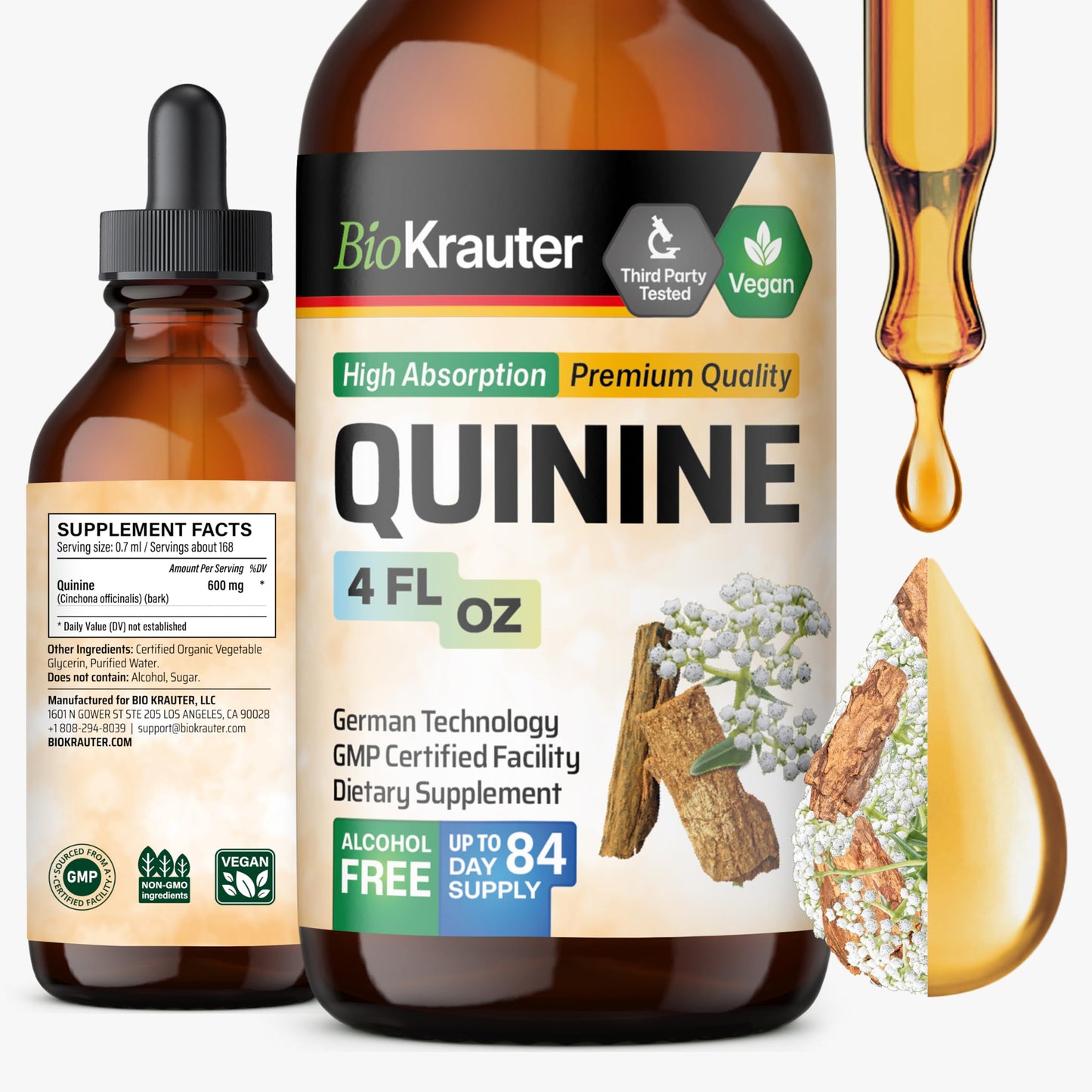 BIO KRAUTER Quinine for Leg Cramps Tincture - Cinchona Bark Extract - Vegan Quinine Liquid - Alcohol & Sugar Free 4 Fl Oz