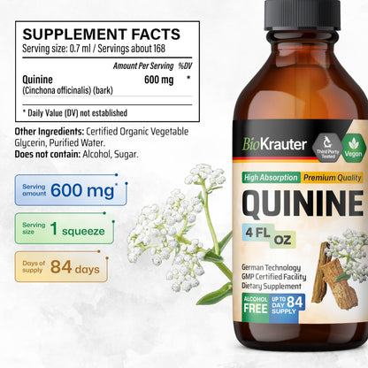 BIO KRAUTER Quinine for Leg Cramps Tincture - Cinchona Bark Extract - Vegan Quinine Liquid - Alcohol & Sugar Free 4 Fl Oz