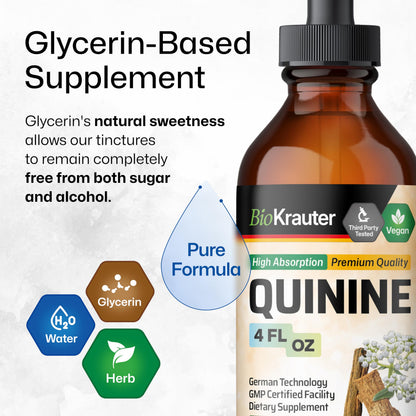 BIO KRAUTER Quinine for Leg Cramps Tincture - Cinchona Bark Extract - Vegan Quinine Liquid - Alcohol & Sugar Free 4 Fl Oz
