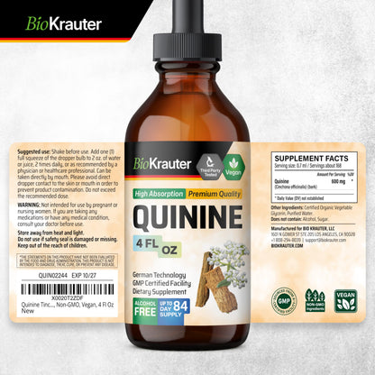 BIO KRAUTER Quinine for Leg Cramps Tincture - Cinchona Bark Extract - Vegan Quinine Liquid - Alcohol & Sugar Free 4 Fl Oz