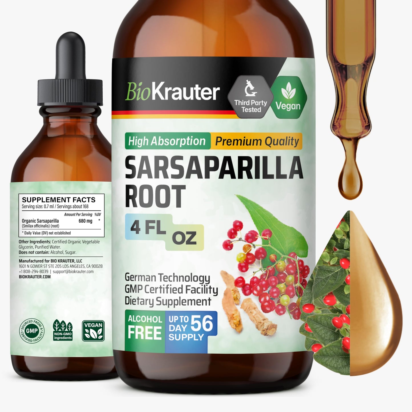 BIO KRAUTER Sarsaparilla Root Tincture - Liver Support - Alcohol & Sugar Free - Vegan Drops 4 oz