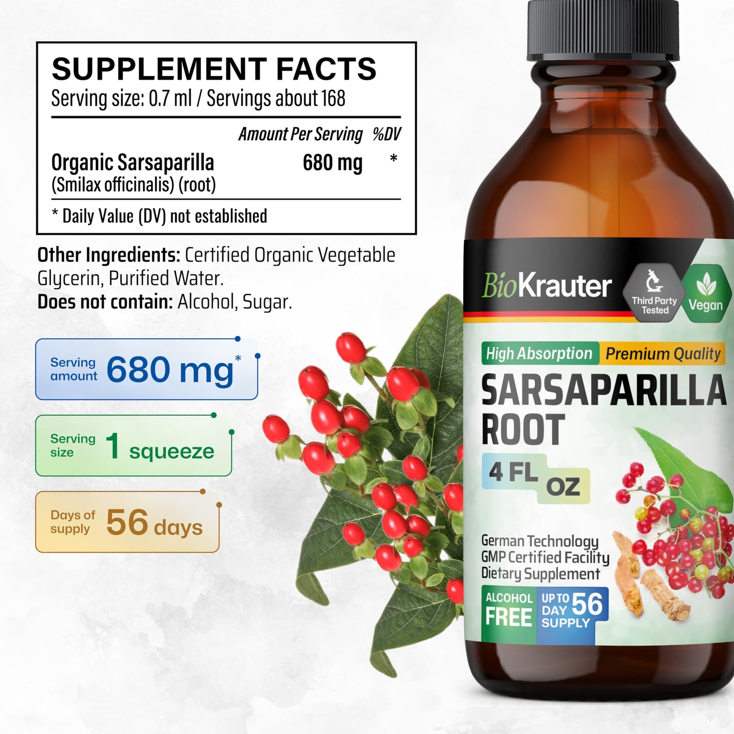 BIO KRAUTER Sarsaparilla Root Tincture - Liver Support - Alcohol & Sugar Free - Vegan Drops 4 oz