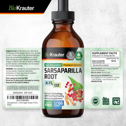 BIO KRAUTER Sarsaparilla Root Tincture - Liver Support - Alcohol & Sugar Free - Vegan Drops 4 oz