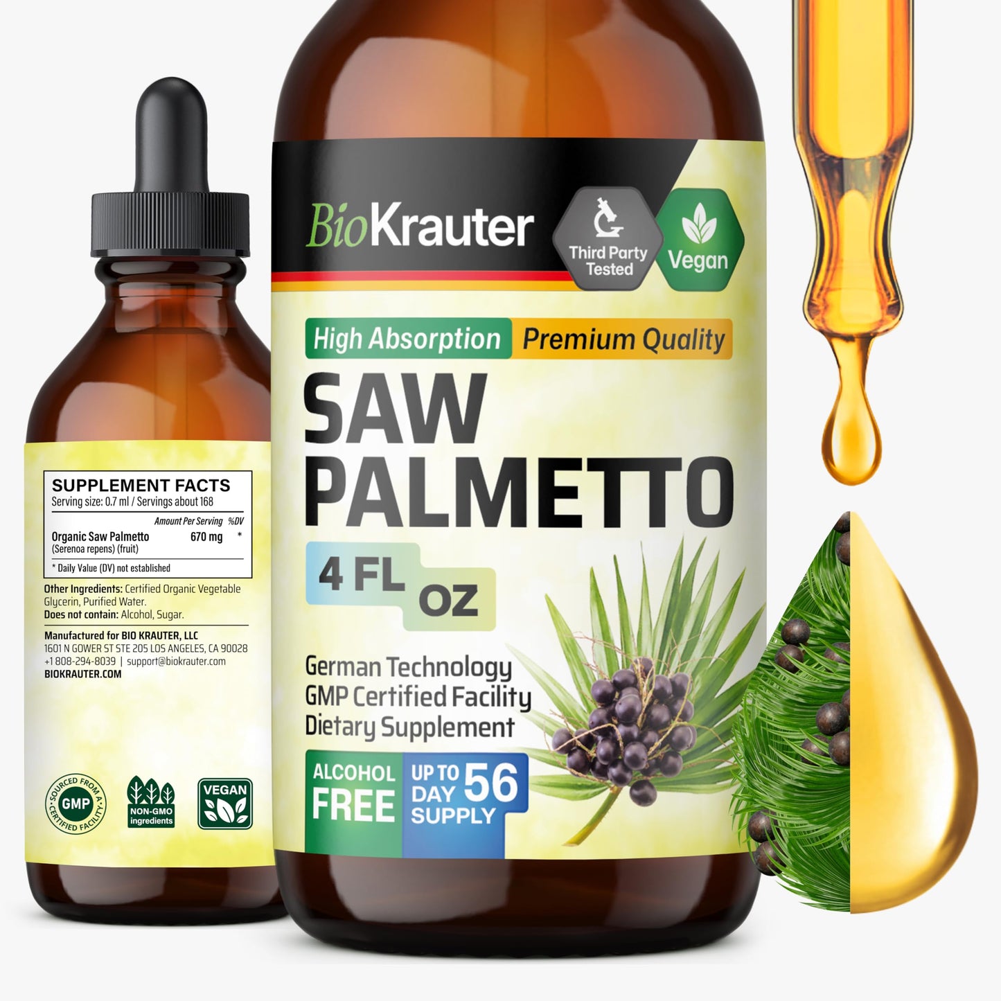 BIO KRAUTER Saw Palmetto Extract – Vegan Saw Palmetto for Men & Women, Urinary Support, Alcohol & Sugar Free, 4 Fl.Oz