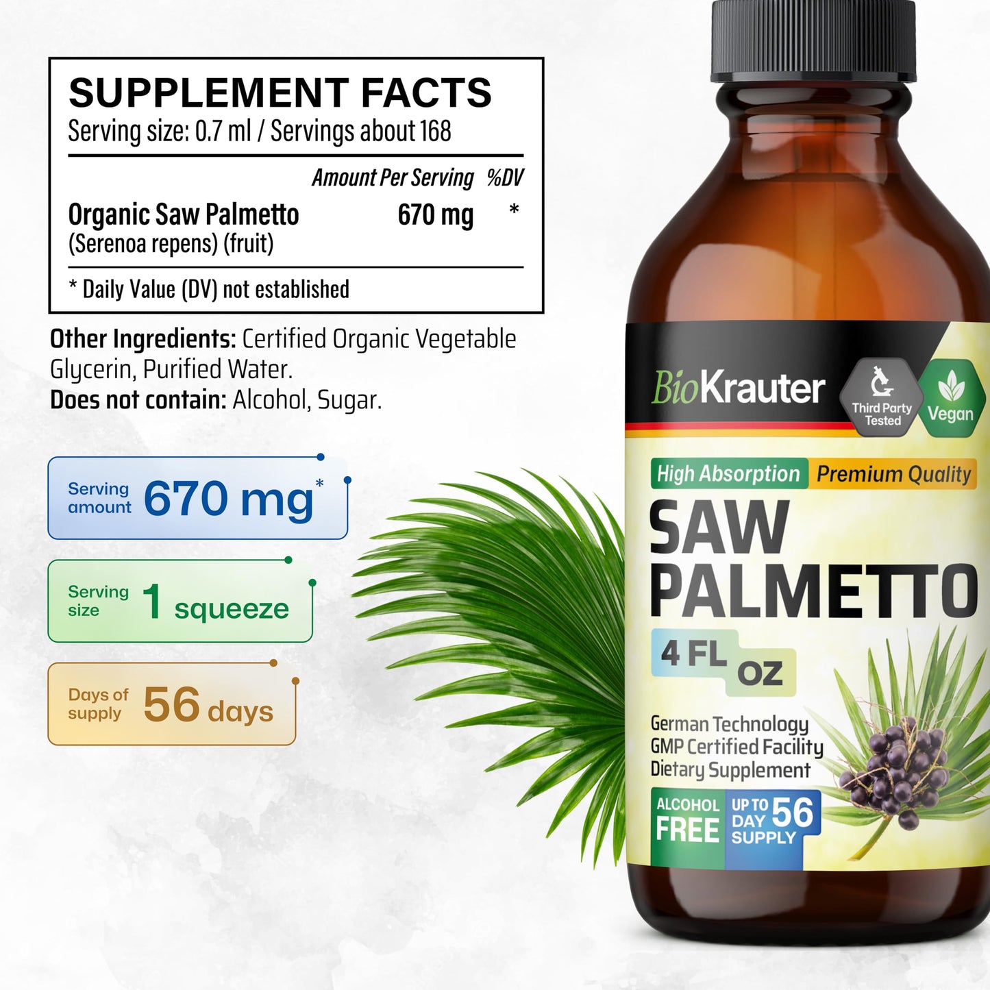 BIO KRAUTER Saw Palmetto Extract – Vegan Saw Palmetto for Men & Women, Urinary Support, Alcohol & Sugar Free, 4 Fl.Oz