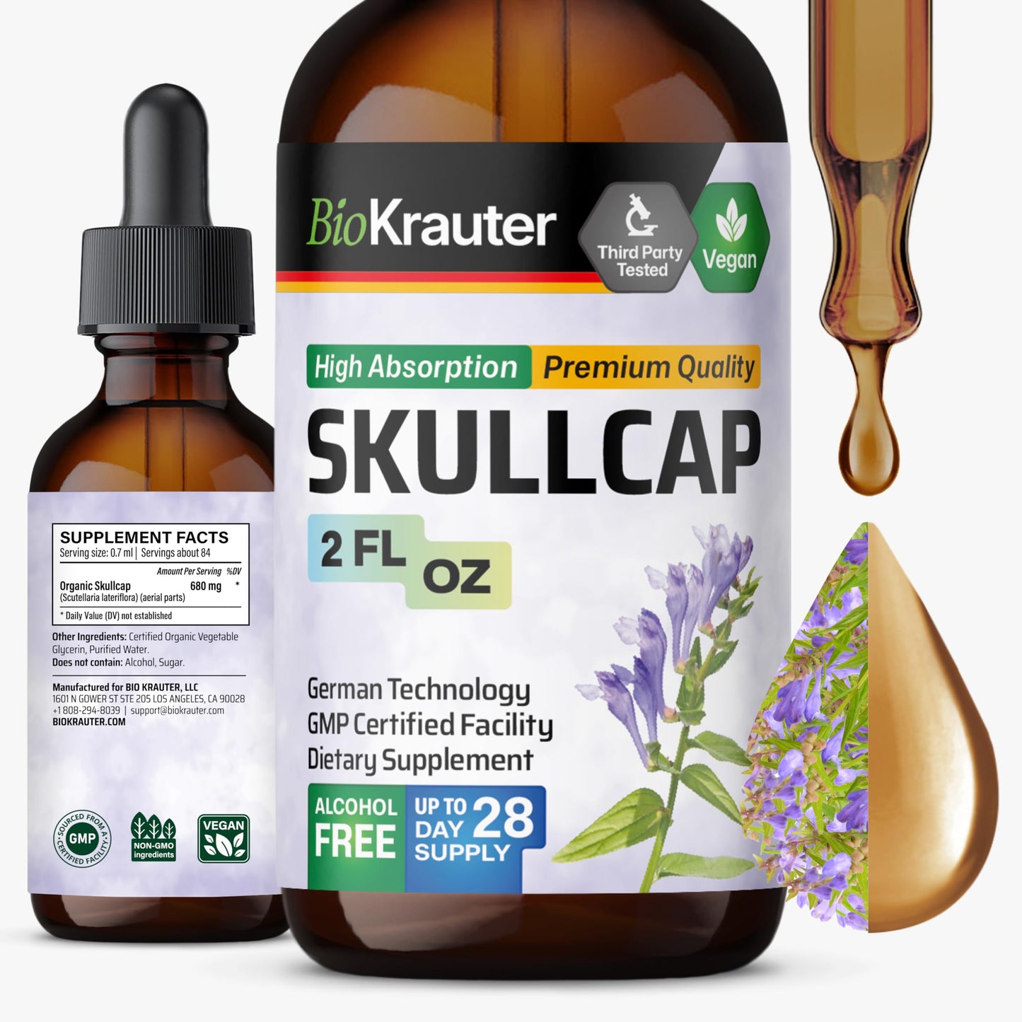 BIO KRAUTER Skullcap Tincture – Vegan, Alcohol-Free, Scutellaria Lateriflora Drops 2 Fl Oz