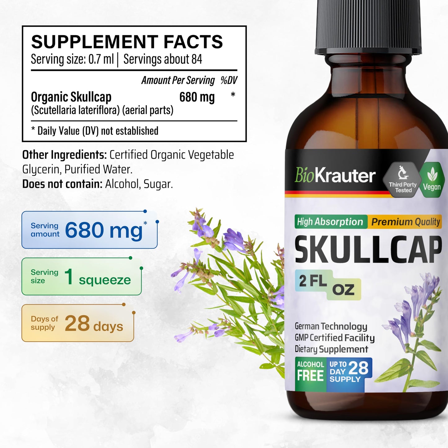 BIO KRAUTER Skullcap Tincture – Vegan, Alcohol-Free, Scutellaria Lateriflora Drops 2 Fl Oz