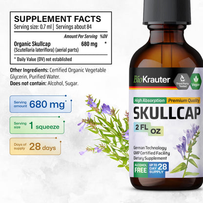 BIO KRAUTER Skullcap Tincture – Vegan, Alcohol-Free, Scutellaria Lateriflora Drops 2 Fl Oz