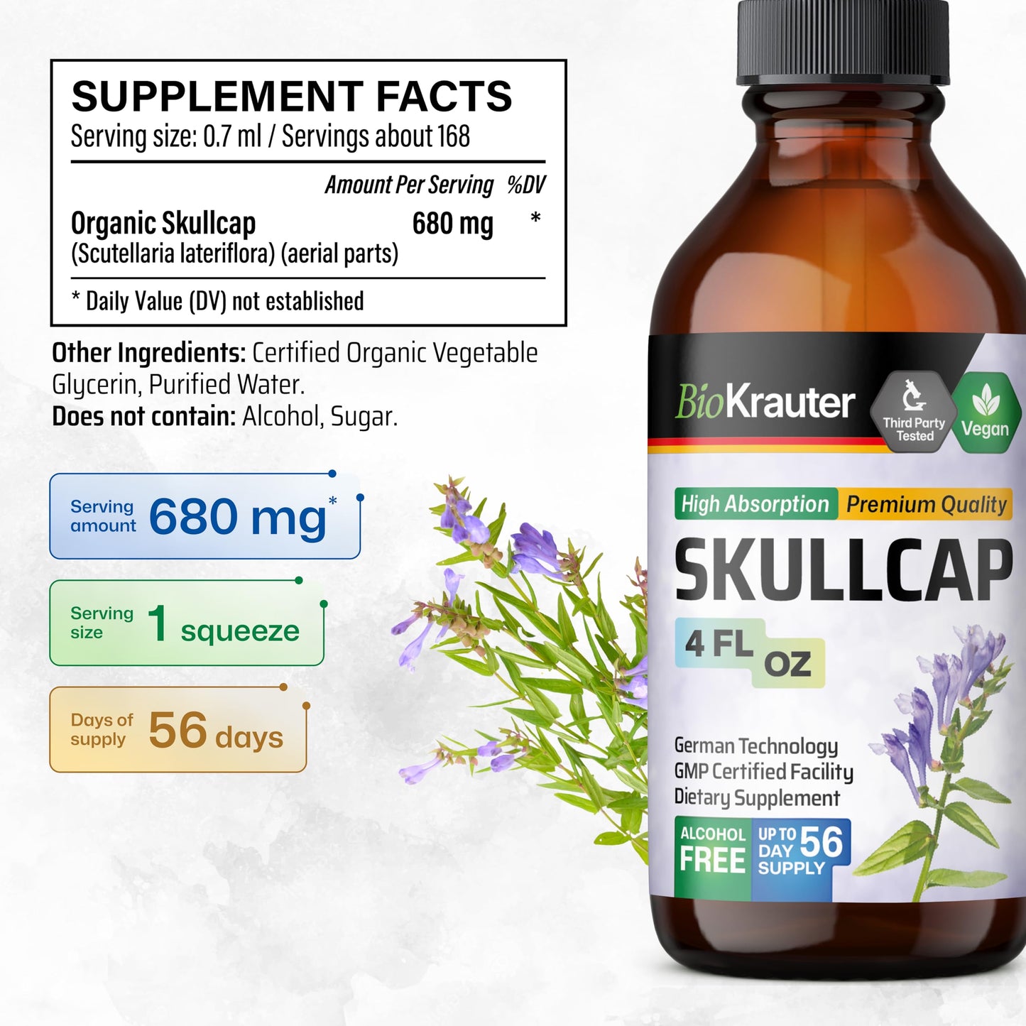 BIO KRAUTER Skullcap Tincture - Alcohol-Free, Vegan, 4 Fl Oz