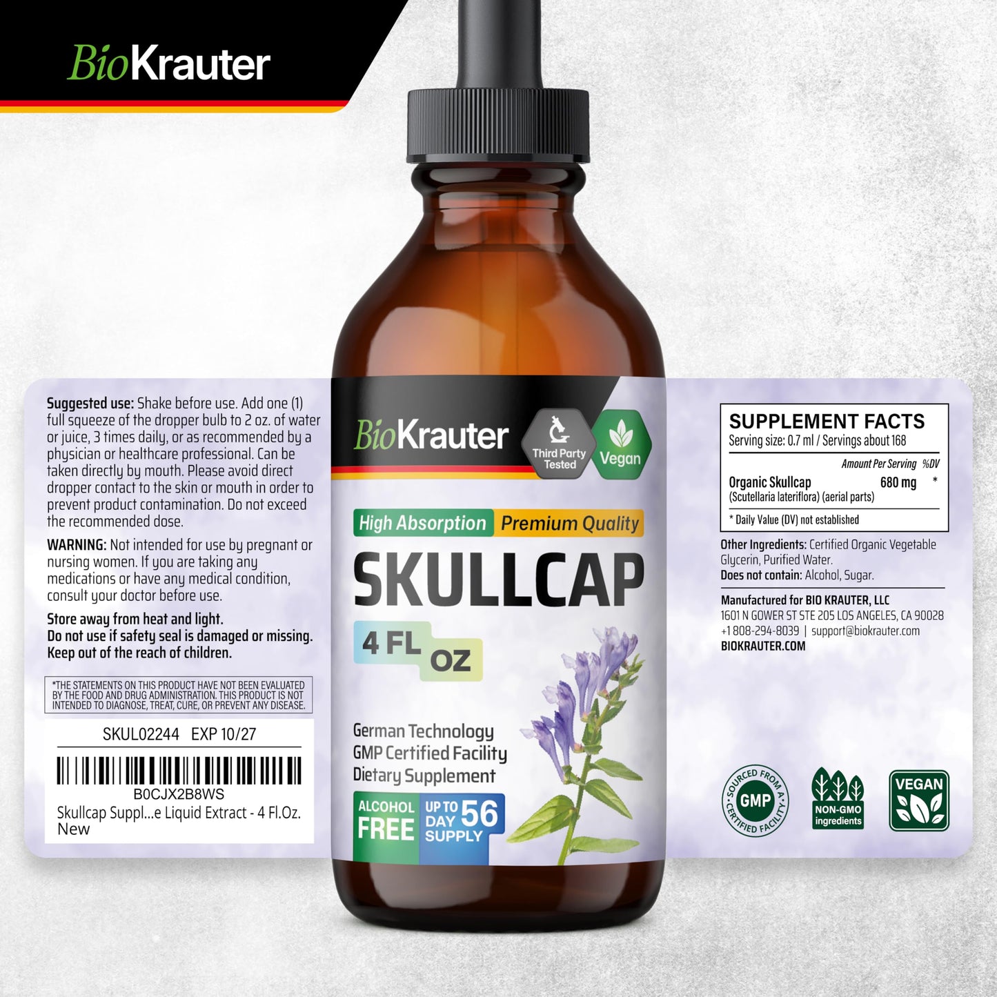 BIO KRAUTER Skullcap Tincture - Alcohol-Free, Vegan, 4 Fl Oz