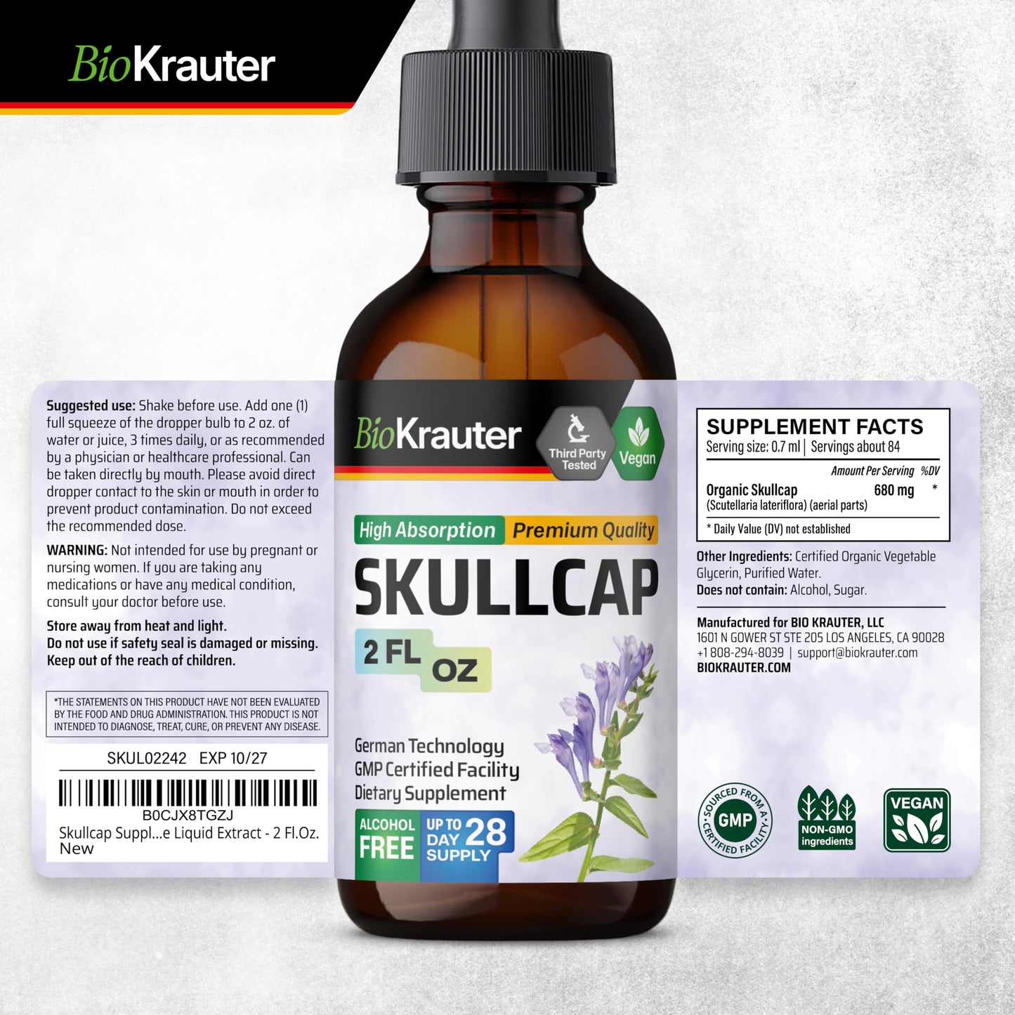 BIO KRAUTER Skullcap Tincture – Vegan, Alcohol-Free, Scutellaria Lateriflora Drops 2 Fl Oz