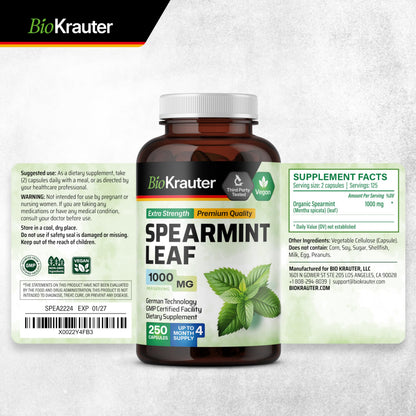 BIO KRAUTER Spearmint Capsules 1000 mg - 250 Count - Vegan Spearmint Supplement