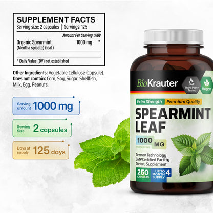 BIO KRAUTER Spearmint Capsules 1000 mg - 250 Count - Vegan Spearmint Supplement
