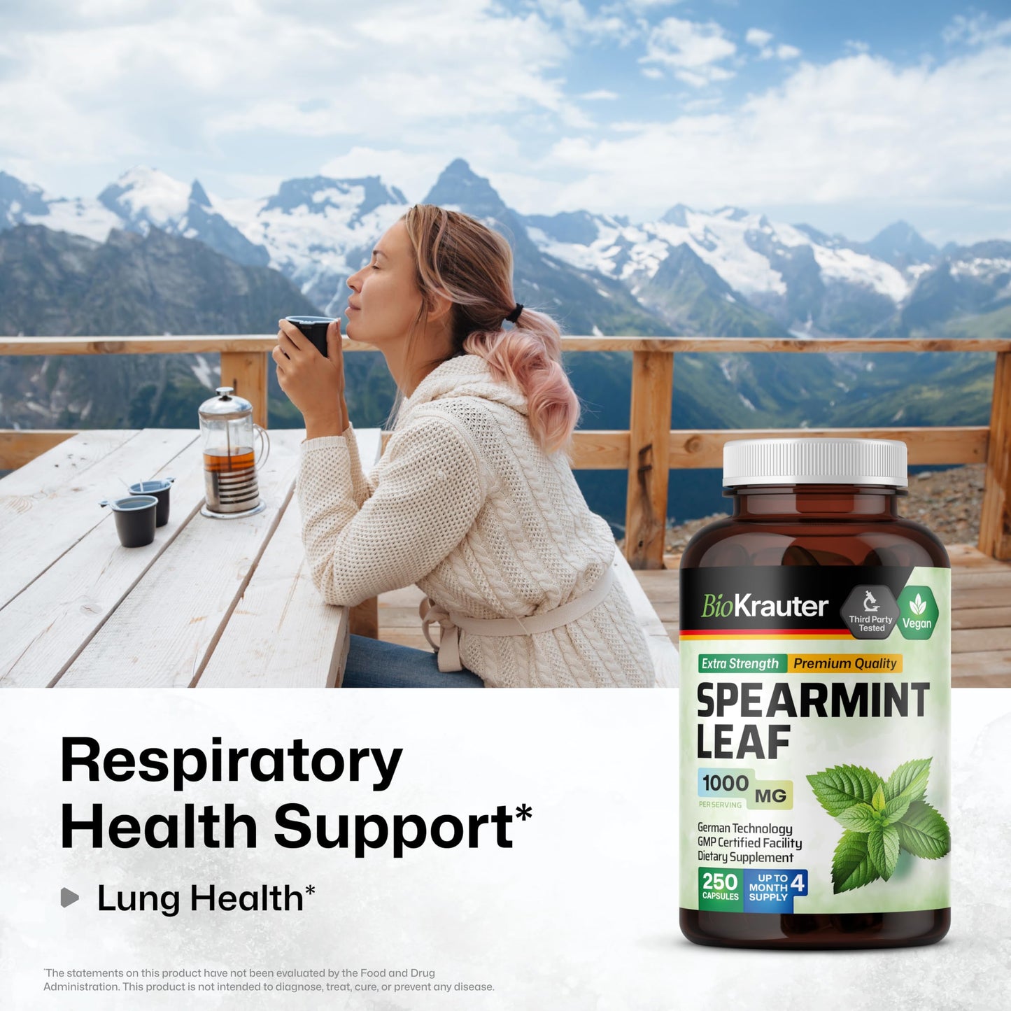 BIO KRAUTER Spearmint Capsules 1000 mg - 250 Count - Vegan Spearmint Supplement