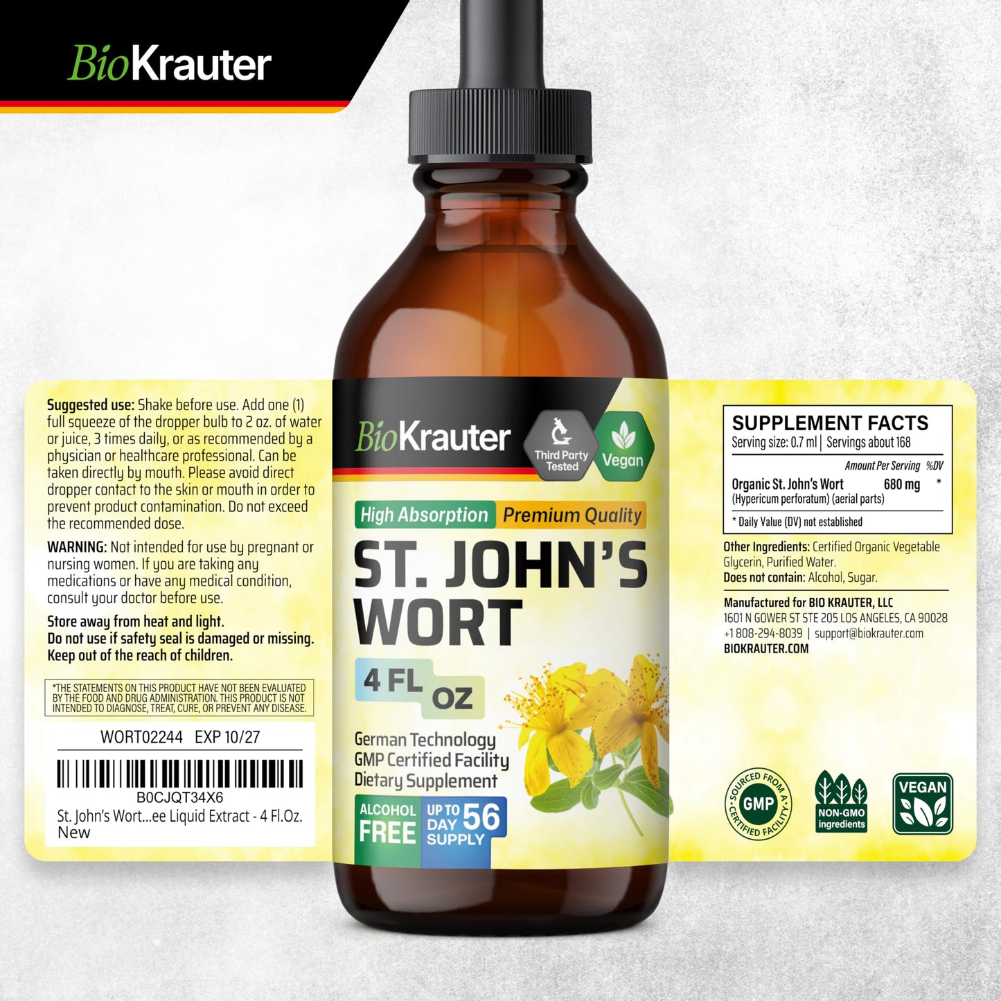 BIO KRAUTER St Johns Wort Tincture - Mood Support (Alcohol-Free, Vegan Drops, 4 fl oz)