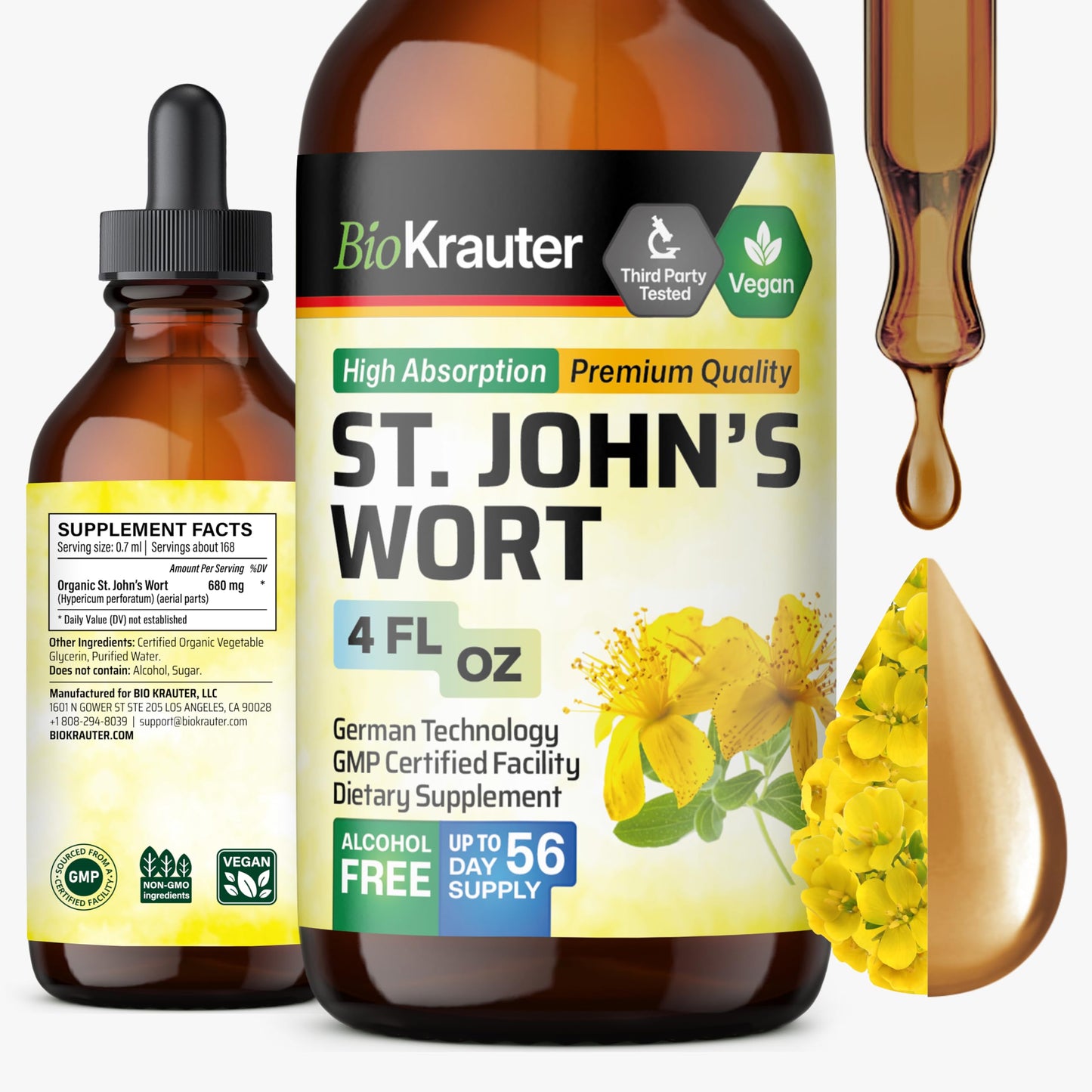 BIO KRAUTER St Johns Wort Tincture - Mood Support (Alcohol-Free, Vegan Drops, 4 fl oz)