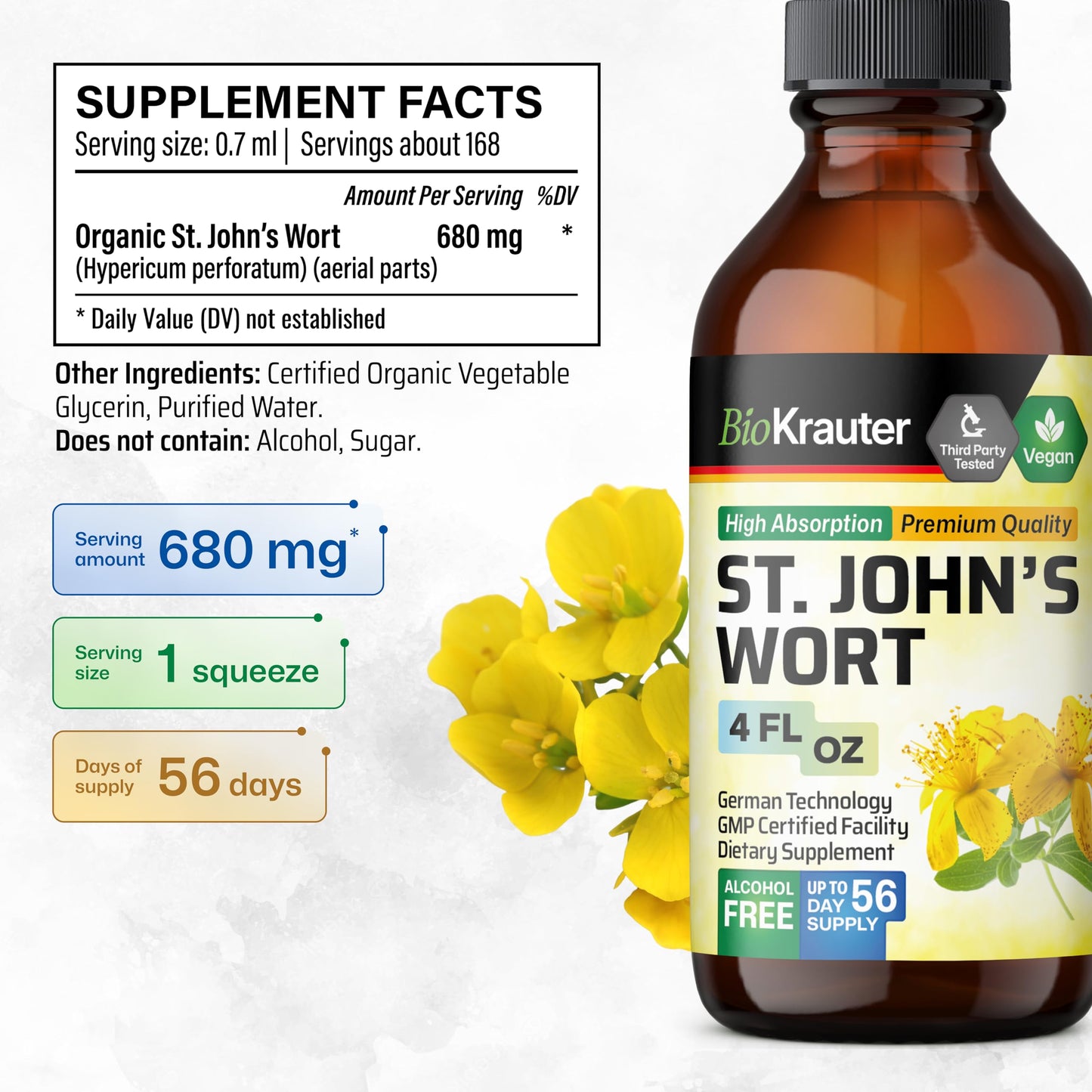 BIO KRAUTER St Johns Wort Tincture - Mood Support (Alcohol-Free, Vegan Drops, 4 fl oz)
