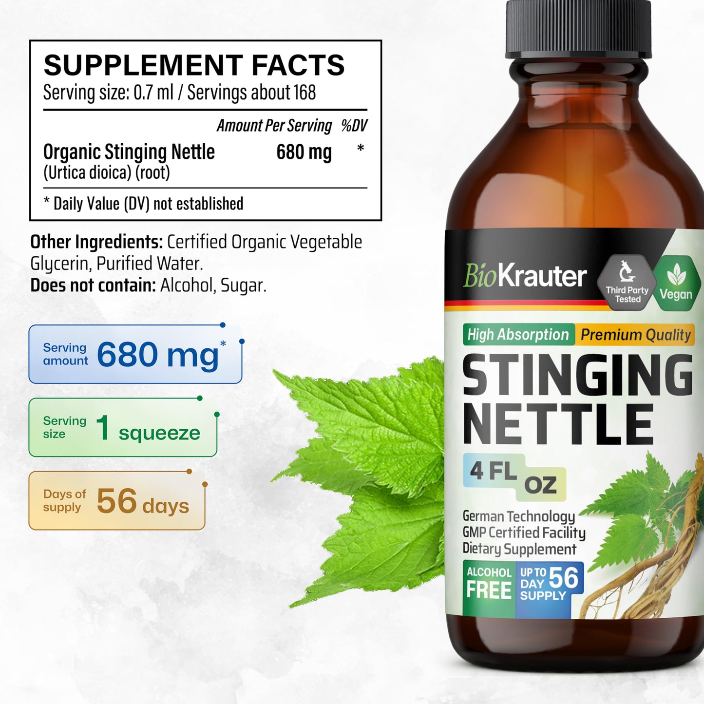 BIO KRAUTER Stinging Nettle Tincture - Urinary Health Drops | Vegan, Sugar & Alcohol Free 4 Fl Oz