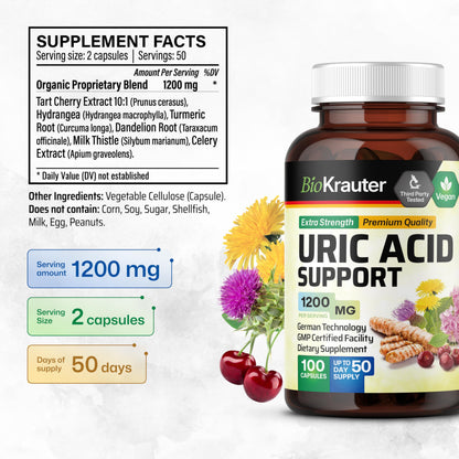 BIO KRAUTER Uric Acid Support Capsules 1200 mg - 2-Pack, 100 Count, Vegan Kidney Support