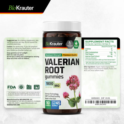 BIO KRAUTER Valerian Root Gummies - 1800 mg Strength, 90 Vegan Chews, No Melatonin