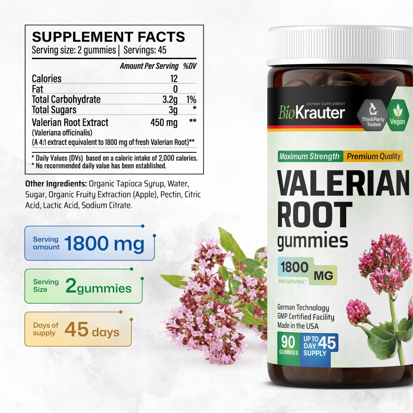 BIO KRAUTER Valerian Root Gummies - 1800 mg Strength, 90 Vegan Chews, No Melatonin