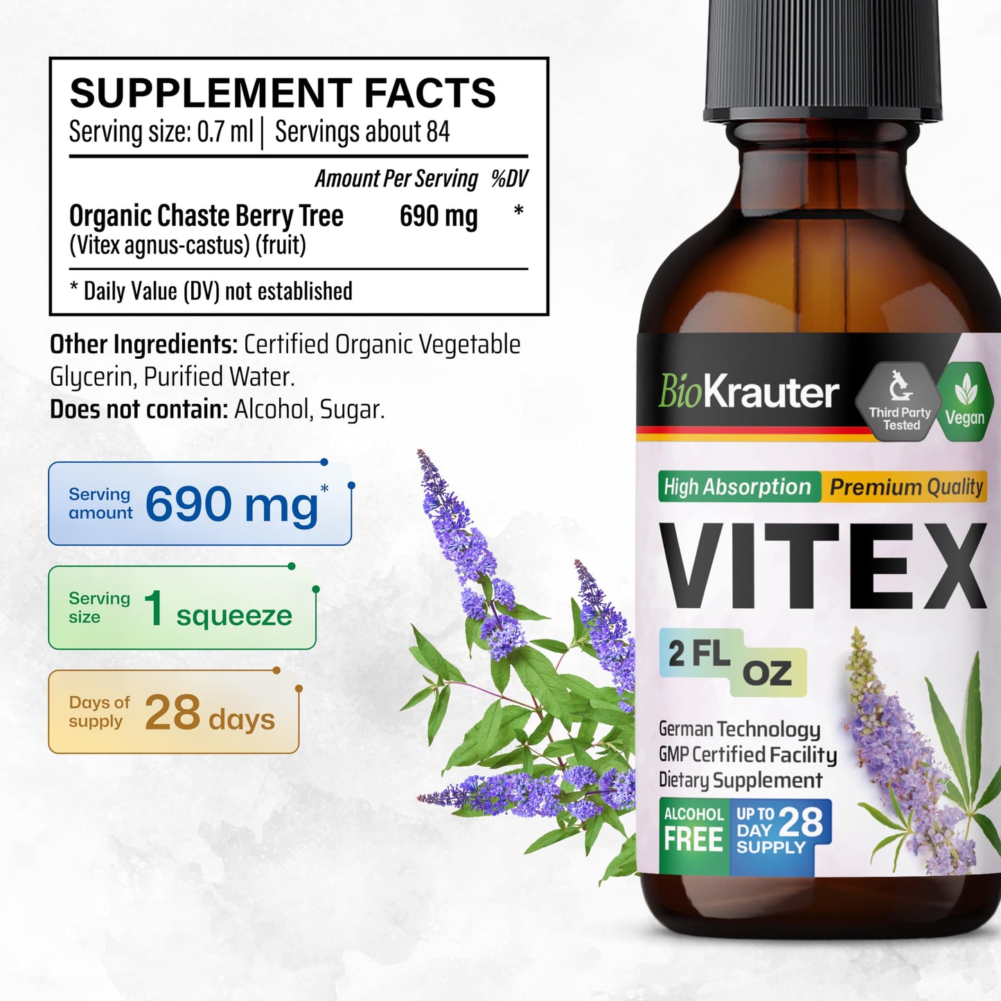 BIO KRAUTER Vitex Chasteberry Supplement for Women & Menopause Support - 2 Fl Oz - Vegan, Non-GMO, Alcohol & Sugar Free