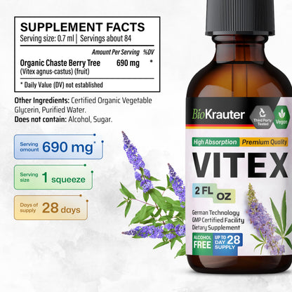 BIO KRAUTER Vitex Chasteberry Supplement for Women & Menopause Support - 2 Fl Oz - Vegan, Non-GMO, Alcohol & Sugar Free