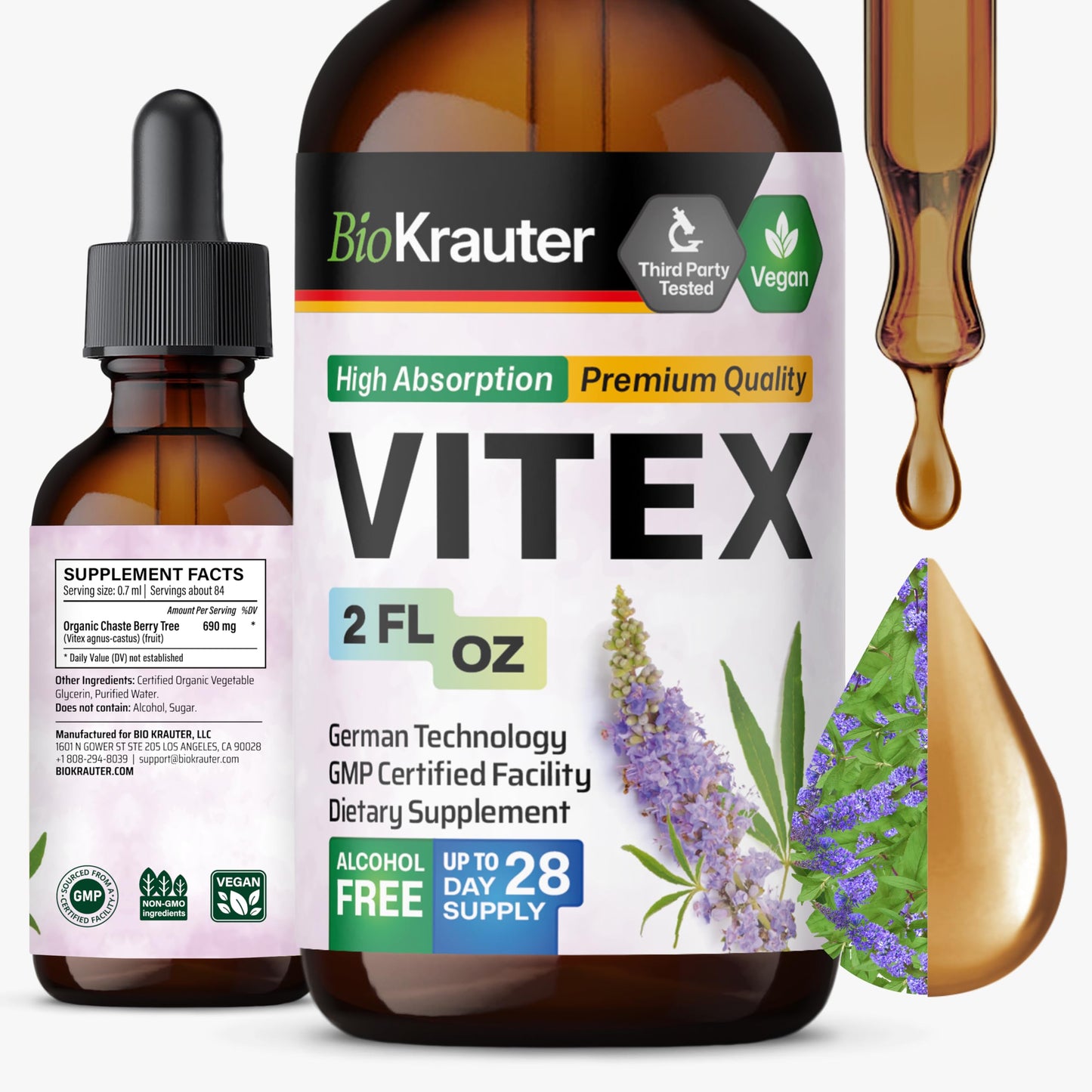 BIO KRAUTER Vitex Chasteberry Supplement for Women & Menopause Support - 2 Fl Oz - Vegan, Non-GMO, Alcohol & Sugar Free