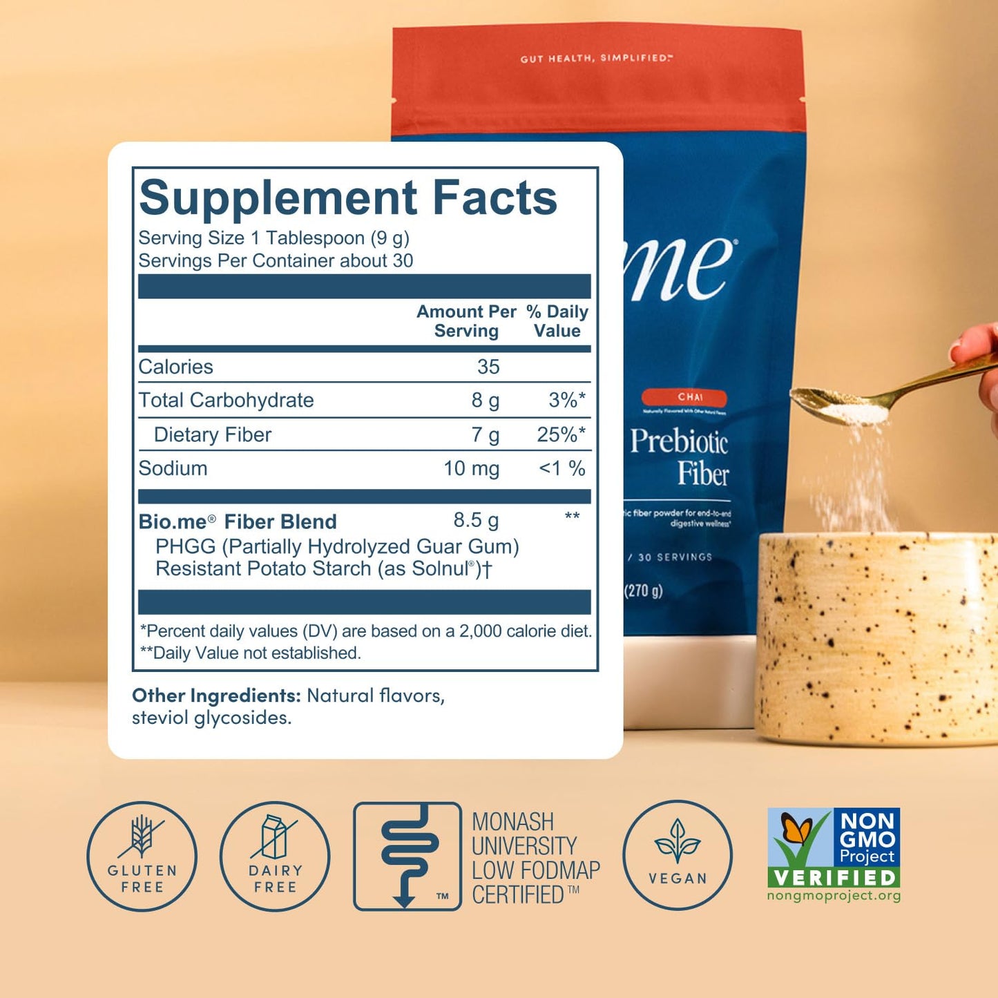 Bio.me Daily Prebiotic Fiber Powder – Chai, 7g per Serving | Digestive & Gut Health