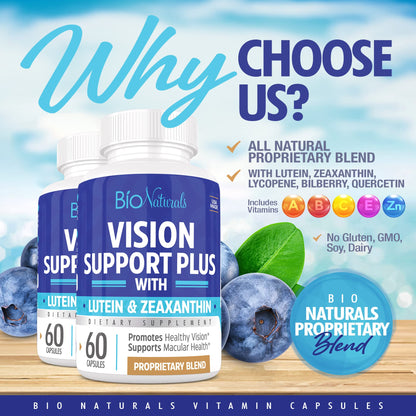 Bio Naturals Vision Formula - All Natural Eye Vitamin Supplement with Lutein, Zeaxanthin & More | 60 Veggie Capsules