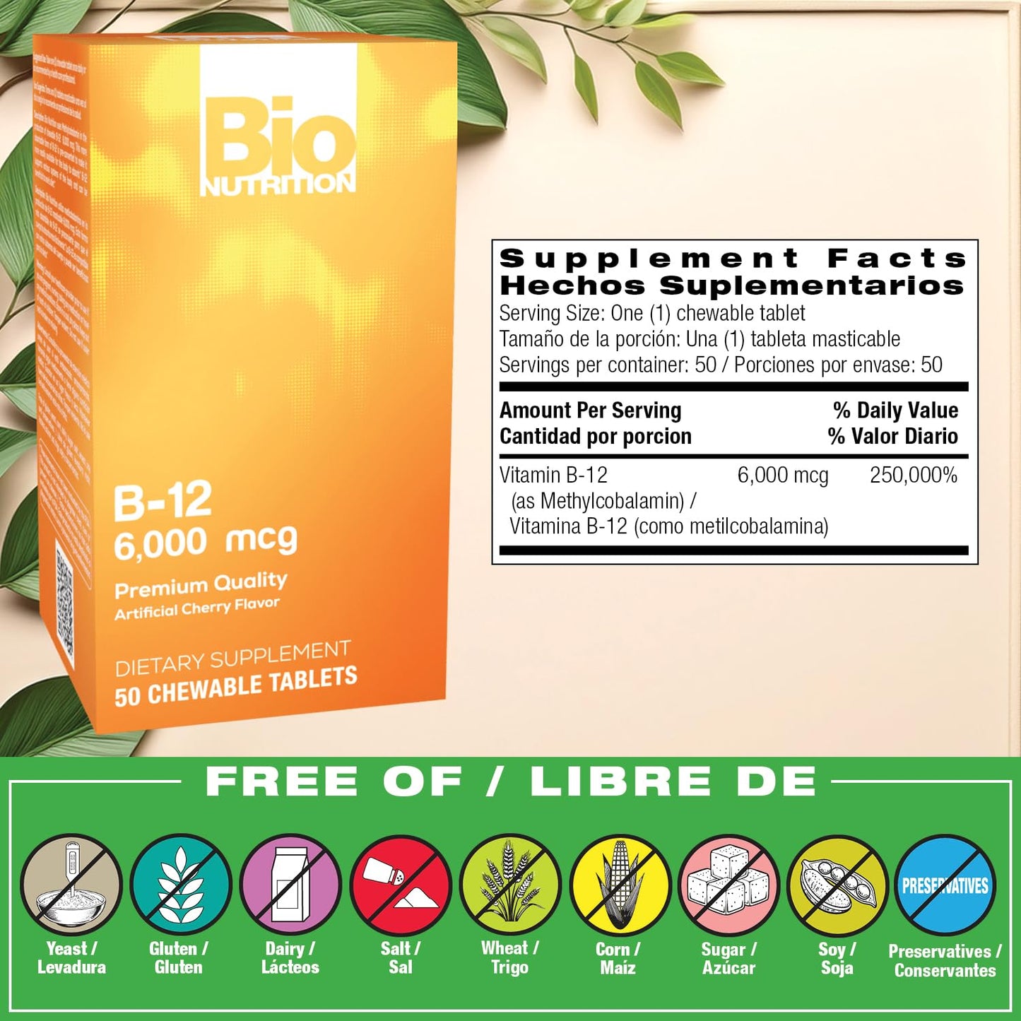 Bio Nutrition B-12 Sublingual Tablet, 50 Count | Vitamin B12 for Nerve Health and Mood Support