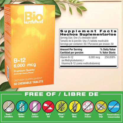 Bio Nutrition B-12 Sublingual Tablet, 50 Count | Vitamin B12 for Nerve Health and Mood Support