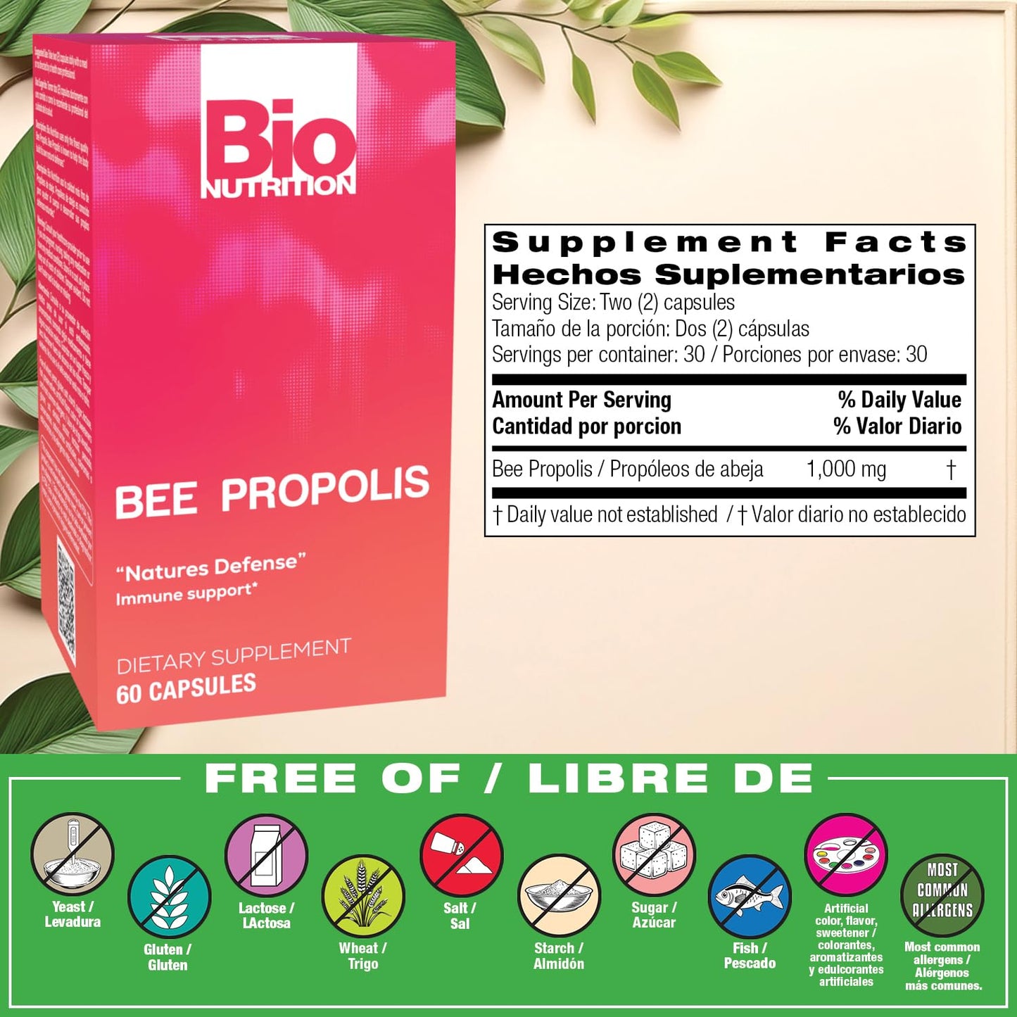 Bio Nutrition Bee Propolis - Natural Defense Immune Support | 1000 mg, 60 Count