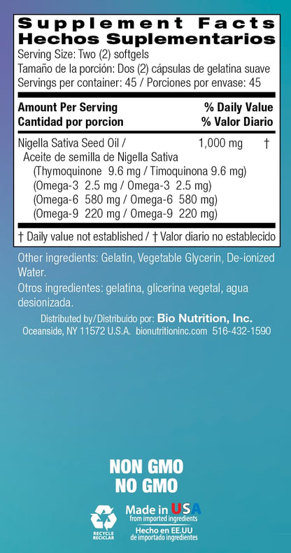 Bio Nutrition Black Seed Oil Premium 90 Softgels – Cold Pressed for Hair & Skin