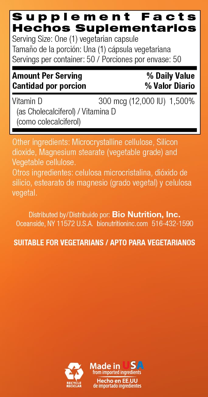 Bio Nutrition D3 12000 IU Vegi-Caps, 50 Count – Vitamin D3 Vegetarian Capsule Supplement