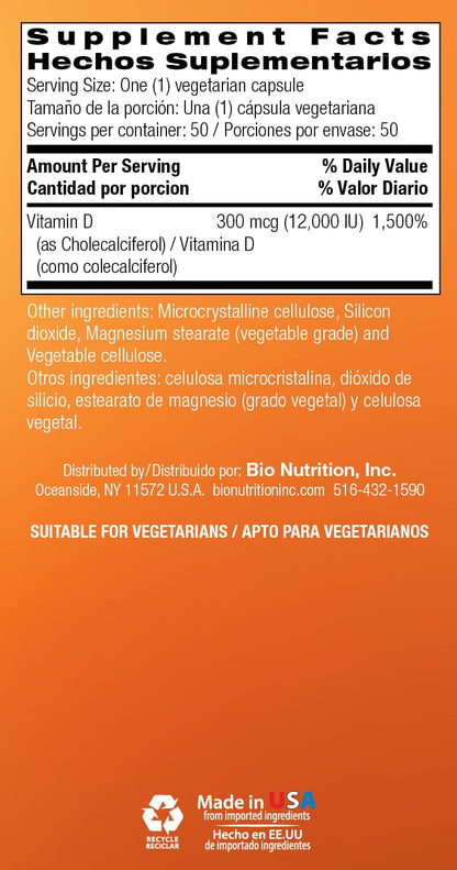 Bio Nutrition D3 12000 IU Vegi-Caps, 50 Count – Vitamin D3 Vegetarian Capsule Supplement