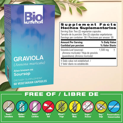 Bio Nutrition Graviola (Annona Muricata) 60 Vegetarian Capsules | 1,500 mg Soursop | Anti-Oxidant | Positive Digestive Benefits