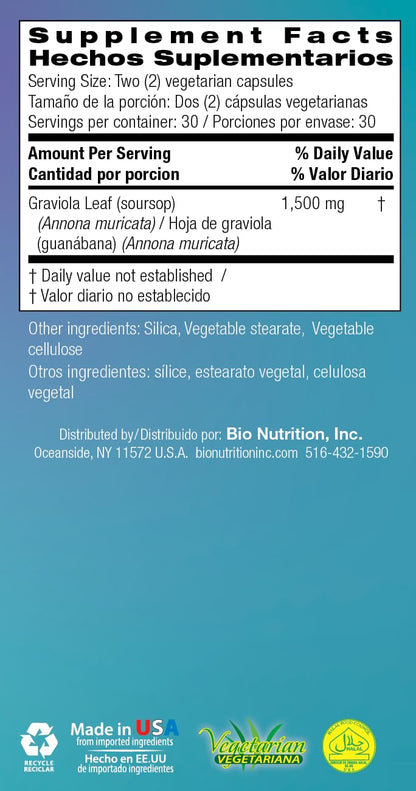 Bio Nutrition Graviola (Annona Muricata) 60 Vegetarian Capsules | 1,500 mg Soursop | Anti-Oxidant | Positive Digestive Benefits