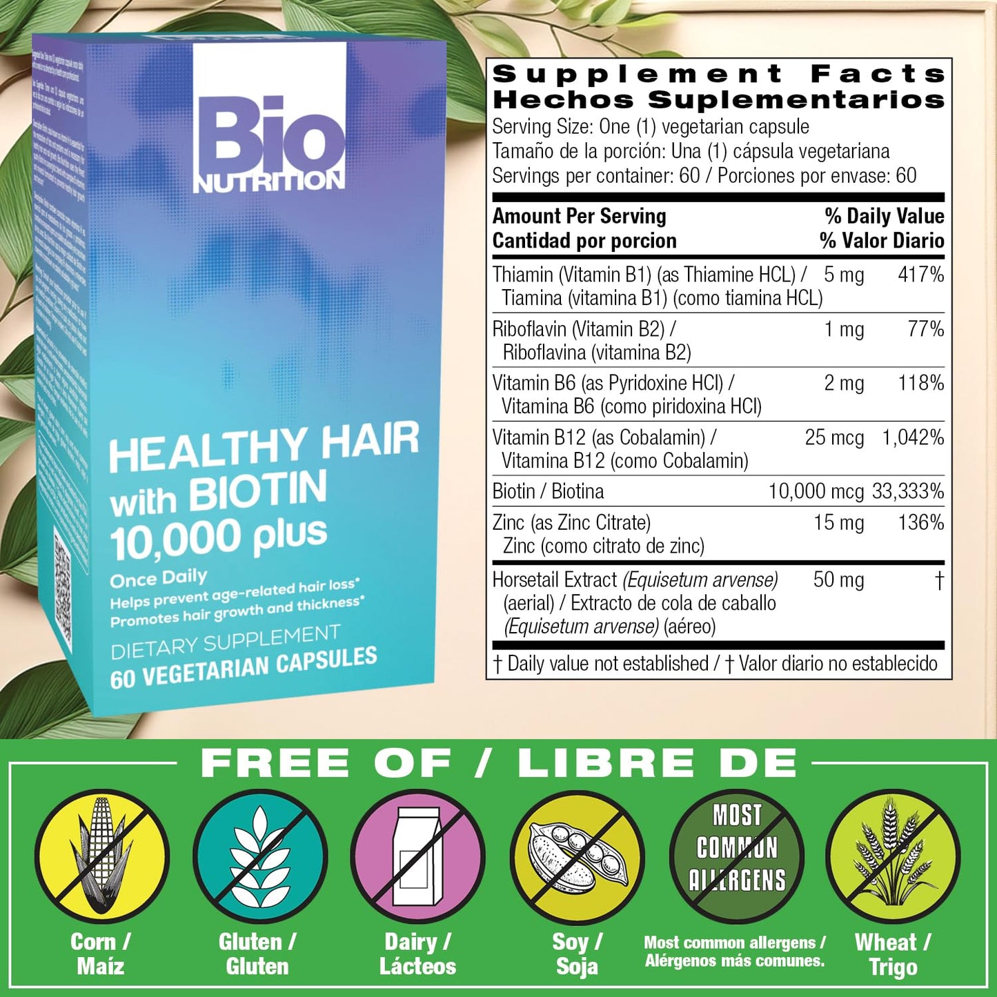 Bio Nutrition Healthy Hair Support with Biotin | 60 Vegetarian Capsules