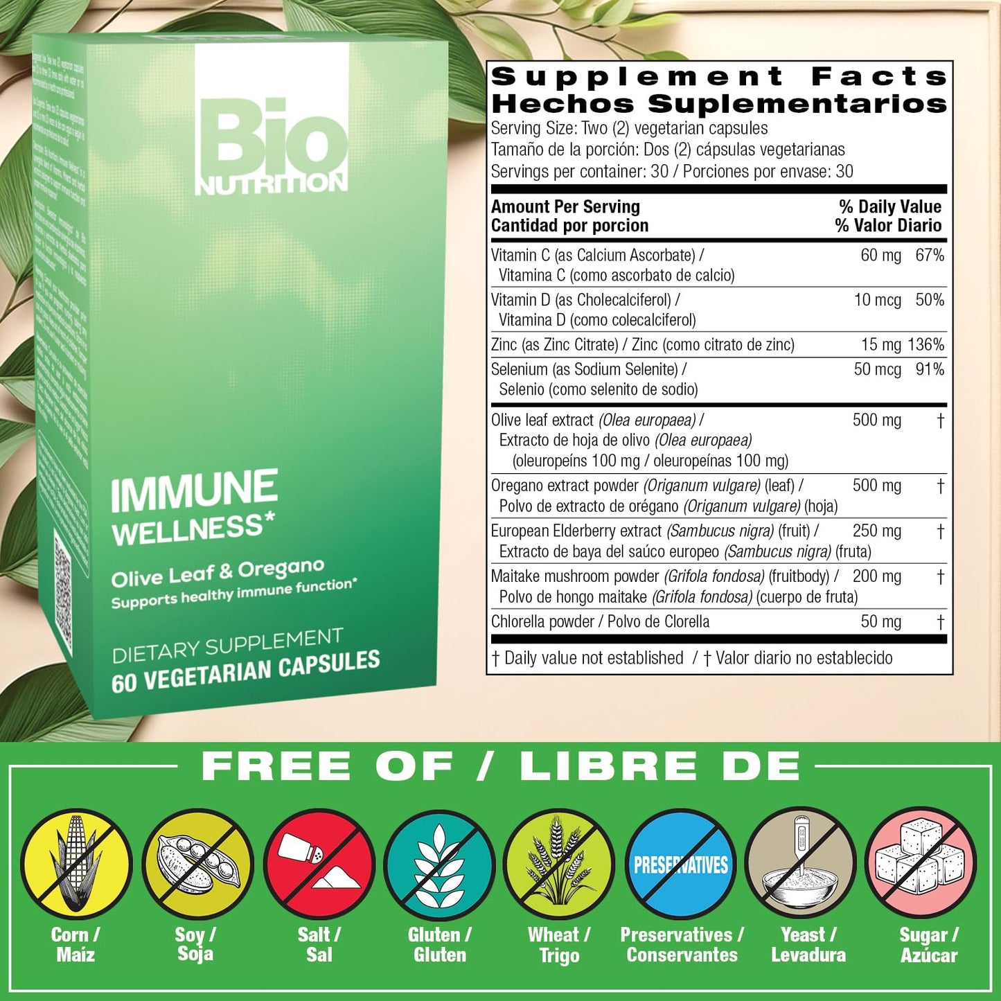 Bio Nutrition Immune Wellness Supplement — 60 Vegetarian Capsules | Olive Leaf & Oregano